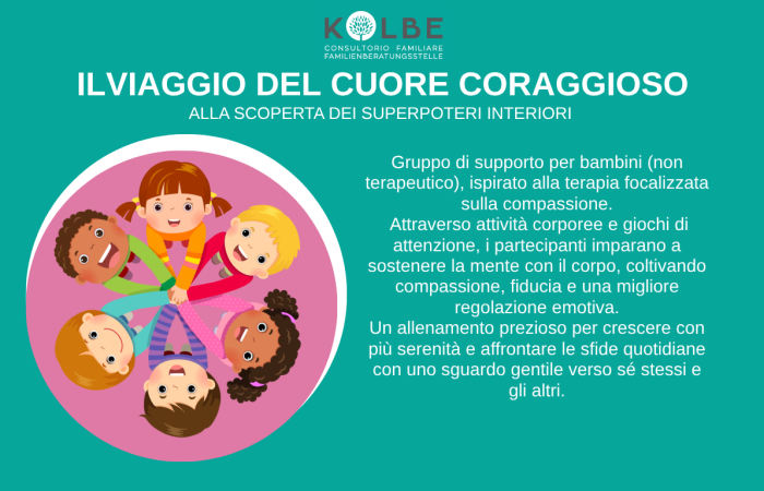 

A chi è rivolto: Bambini dagli 8 agli 11 anni


Dove si svolge: Consultorio P.M. Kolbe di Laives, Via N. Sauro 20


Quando: 8 incontri bisettimanali da settembre 2026


Orario: dalle 14 alle 15.30




Costi: tessera associativa € 20


Iscrizione: tel 0471950600 - email: laives@consultoriokolbe.it


Conduzione del gruppo: Dott.ssa Consolati Michela, psicoterapeuta

