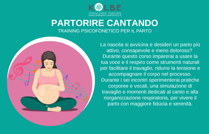 

A chi è rivolto: Mamme nel terzo trimestre con gravidanza in salute


Dove si svolge: Consultorio P.M. Kolbe di Laives, Via N. Sauro 20


Quando: Lunedì 24/08, 31/08, 07/09, 14/09, 21/09 e 28/09


Orario: 17 - 18.30




Costi: tessera associativa € 20


Iscrizione: Telefono 0471950600 - Email: laives@consultoriokolbe.it


Conduzione del gruppo: Dott.ssa Valentina Piazzera, ostetrica formata al Metodo Training Psicofonetico per il Parto


di Elisa Benassi

